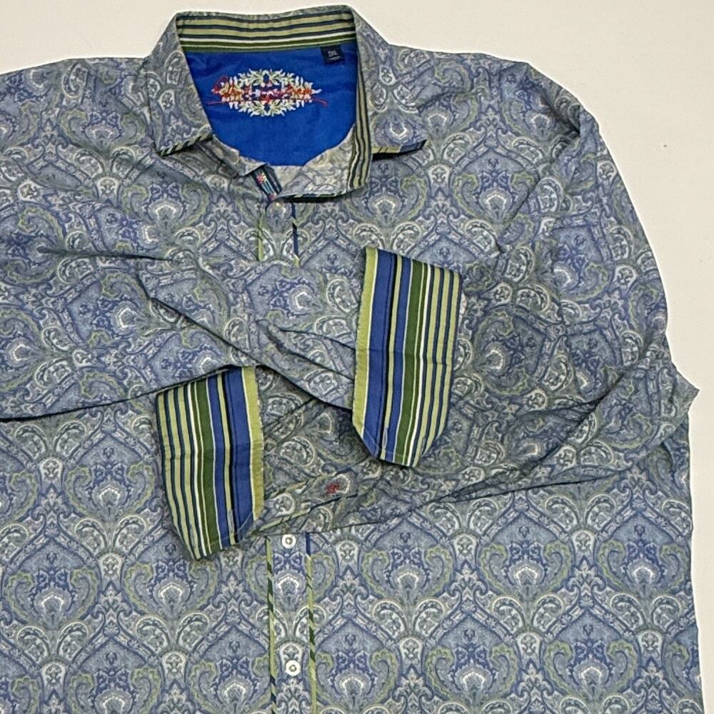 Robert Graham Shirt Mens 2XL Blue Green Paisley Flip Cuff Silk Trim‎ Preppy